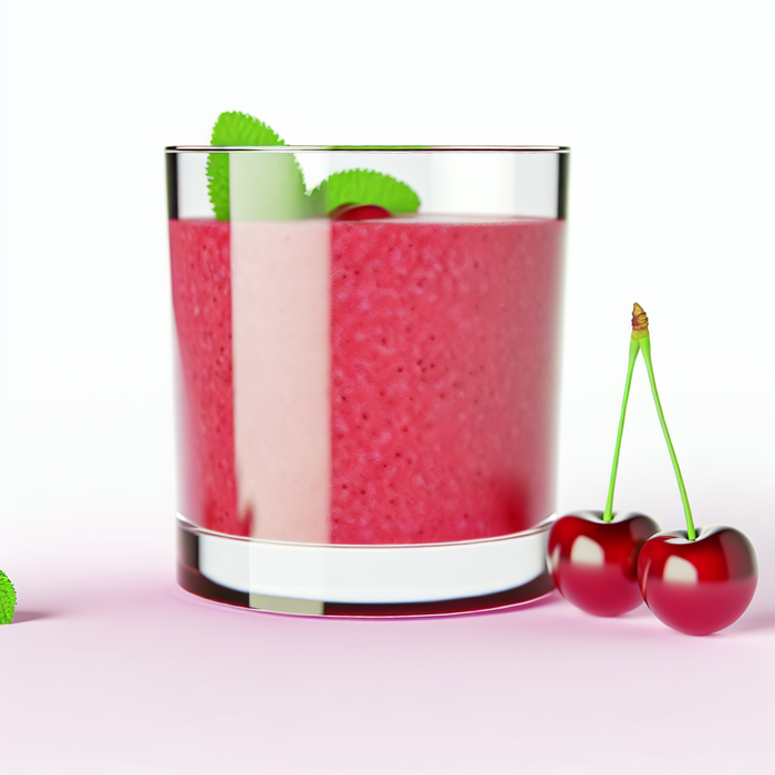 A glass of sour cherry smoothie topped with fresh cherries and mint.