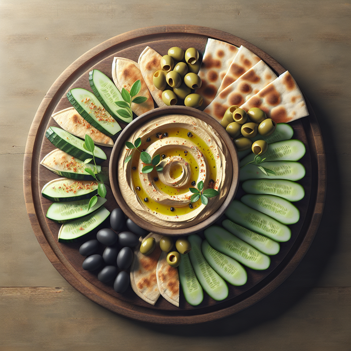 Hummus platter with sliced baby cucumbers, olives, and flatbread on a wooden board