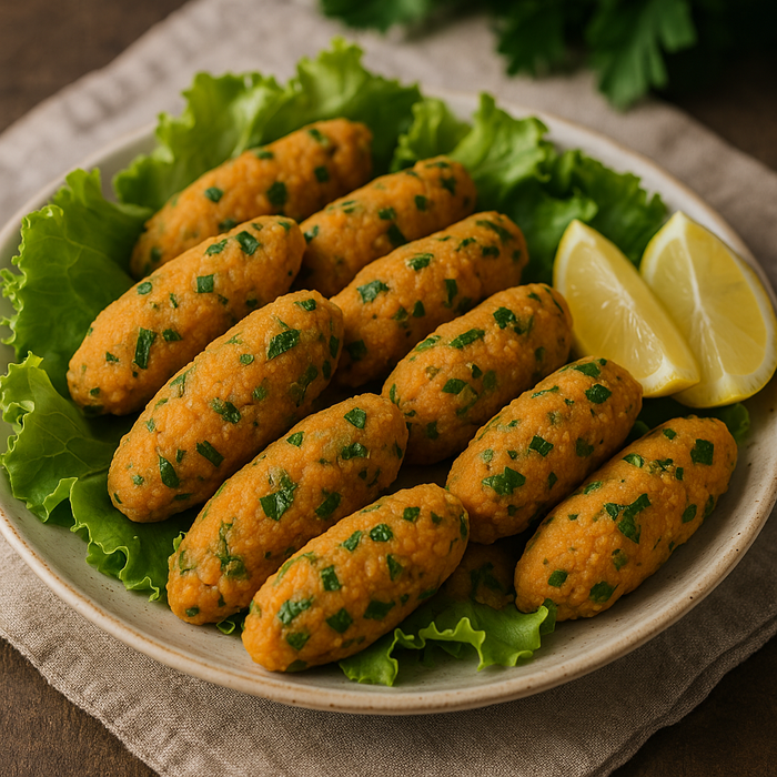 Plate of Turkish lentil köfte with herbs, lettuce leaves, and lemon slices