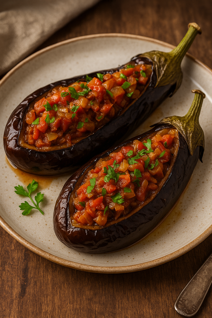 Stuffed Turkish aubergines with tomato, onion, and herbs in olive oil sauce
