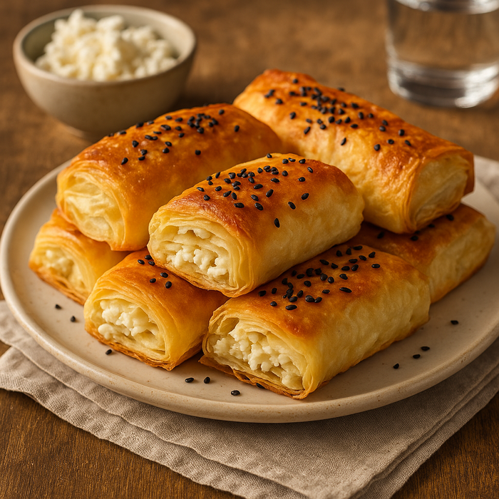Slices of savoury börek filled with Turkish cheese and herbs on a wooden serving plate