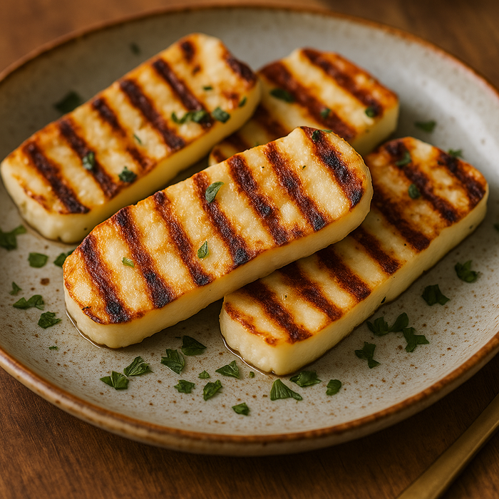 Grilled slices of Turkish cheese with golden edges, served with lemon and herbs