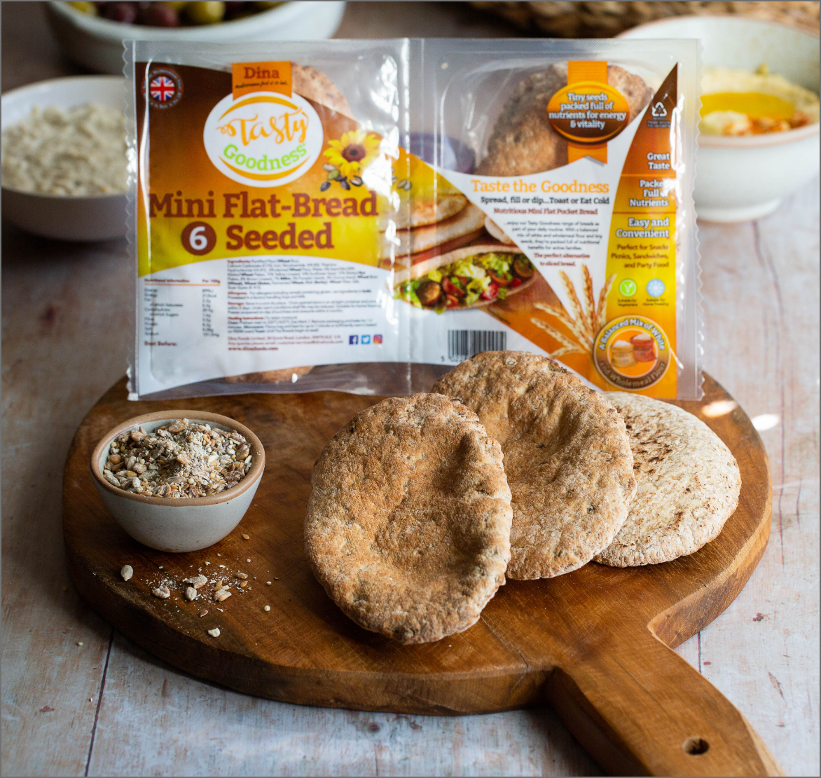 Bread: Dina tasty goodness seeded mini pitta- Flatbread 6pcs