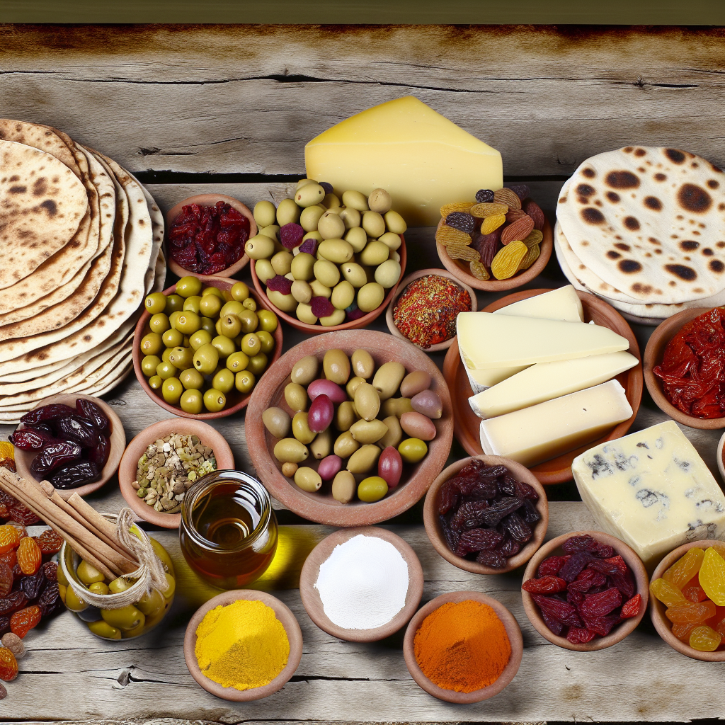 Traditional Turkish grocery spread with spices, olives, cheeses, and flatbreads arranged on a rustic wooden table