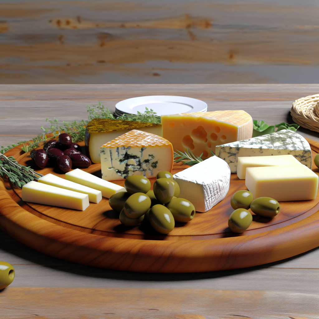 Variety of traditional Turkish cheeses including beyaz peynir and kasar, served with olives and herbs on a rustic wooden board