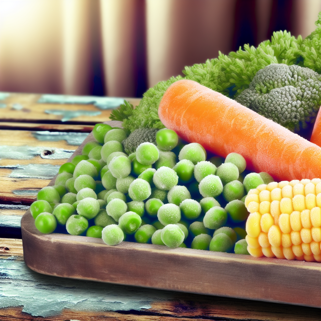 A range of frozen vegetables including green peas, carrots 