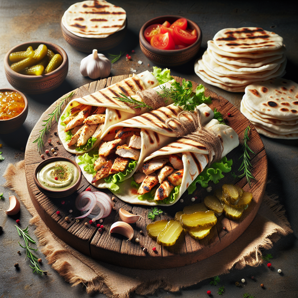 Grilled chicken shawarma slices with flatbreads, pickles, and garlic sauce in warm, ambient light