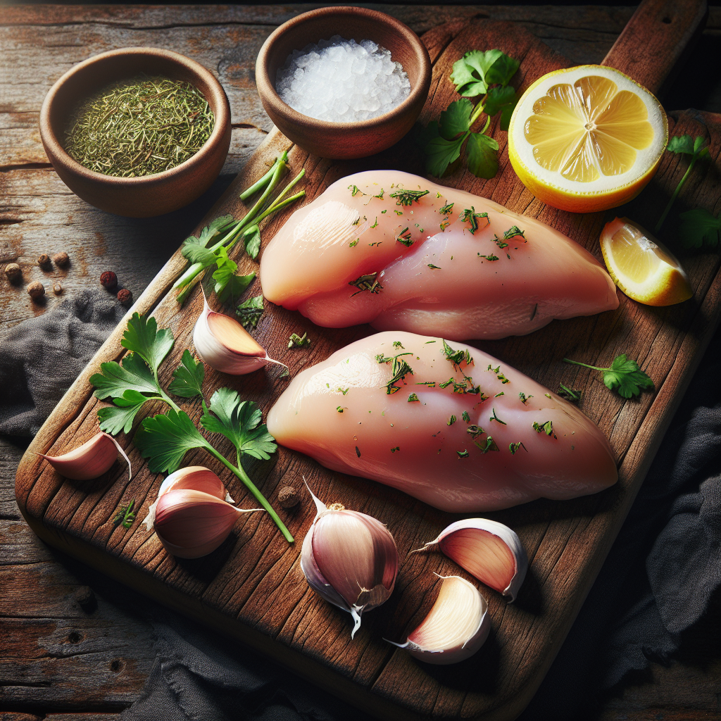 Fresh halal chicken breasts on a wooden board with herbs, garlic, and lemon in natural light, showing raw texture and colour