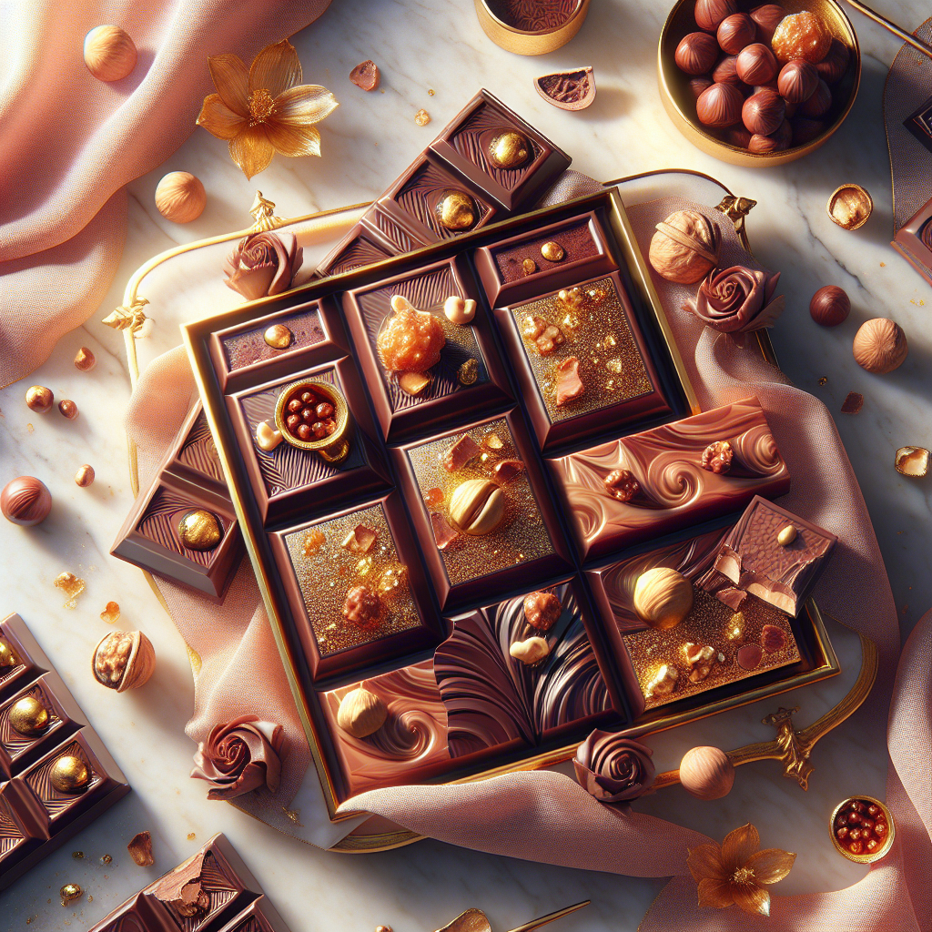 Luxury chocolate bars with golden tones, caramel layers, and hazelnuts on a marble background
