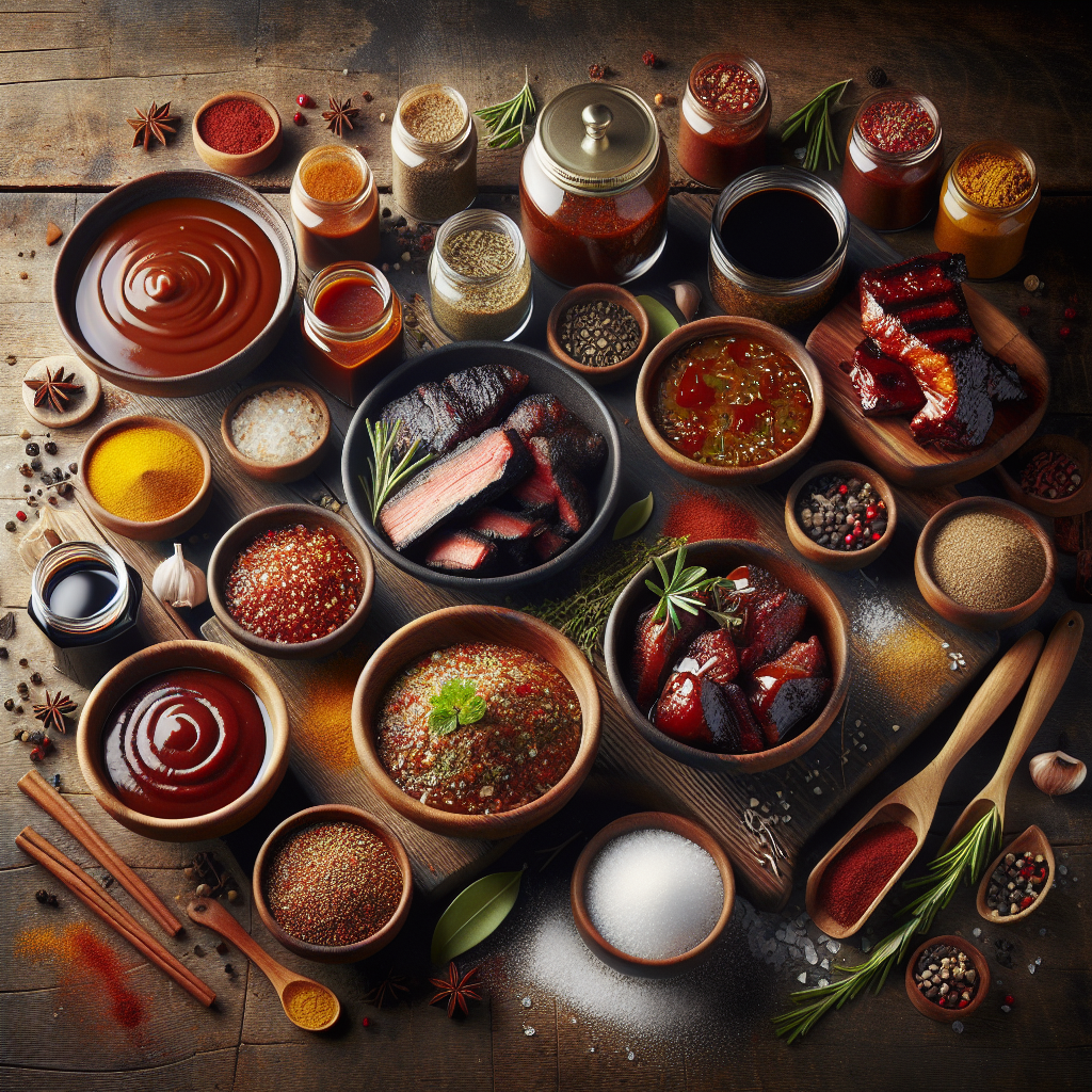 A rustic spread of BBQ marinades and rubs in glass jars and bowls with vibrant herbs and spices showing rich colours and textures