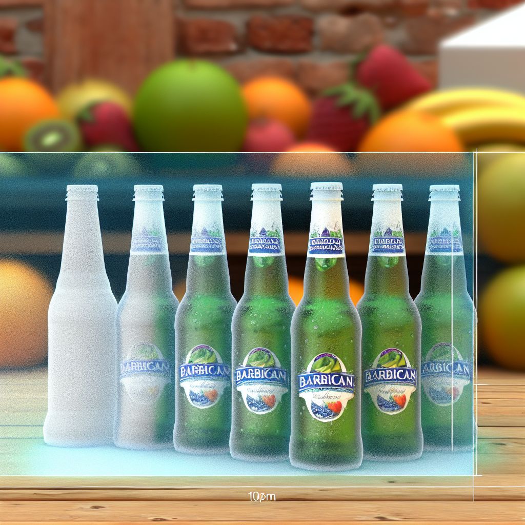 Chilled Barbican Drinks in various fruity flavours with fresh fruit accents on a wooden surface