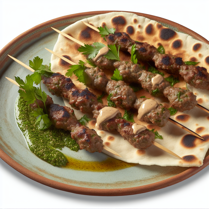 Grilled lamb kofta on za'atar flatbread with herbs and tahini sauce