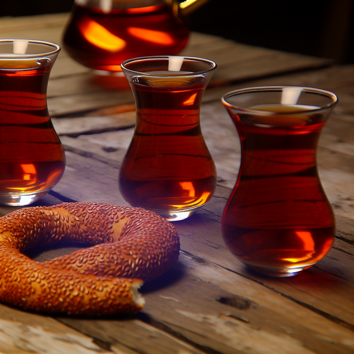 Turkish tea in tulip glasses paired with a sesame-coated simit on a wooden table