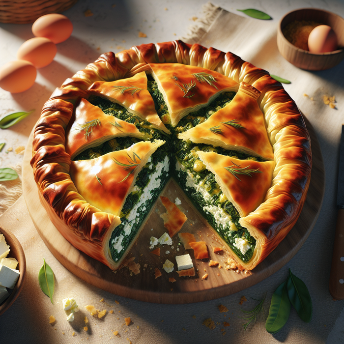 Crispy fillo pie filled with spinach and feta, with golden flaky layers