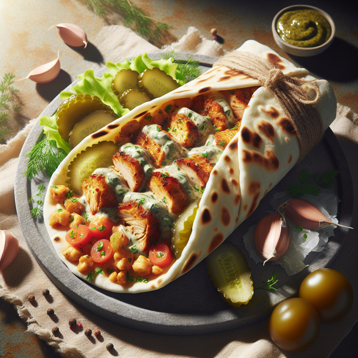 Chicken shawarma wraps with garlic sauce, pickles, and herbs on flatbread