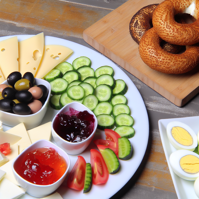 Turkish breakfast platter with cheese, olives, boiled eggs, simit, and fresh vegetable slices