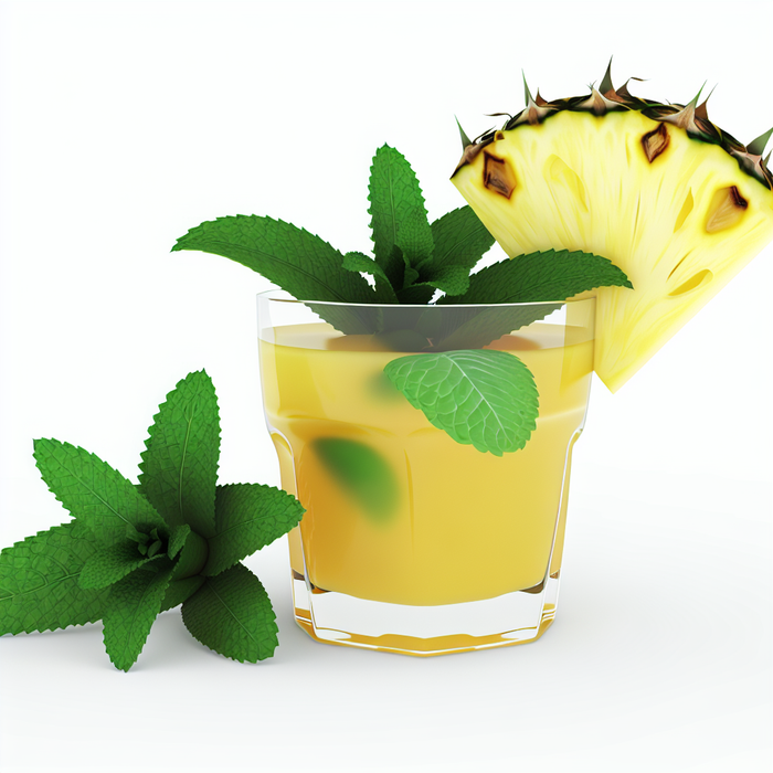Tropical Barbican mocktail with pineapple garnish in a glass on a wooden table