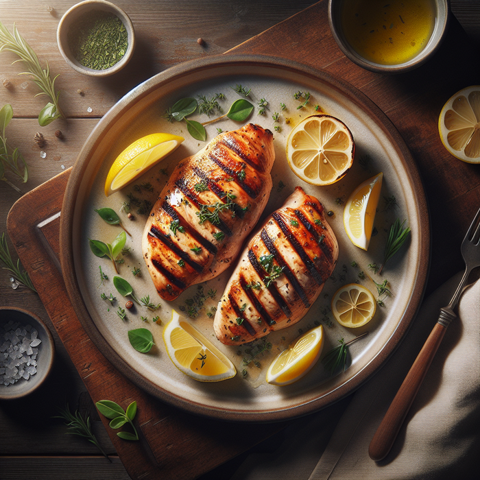 Grilled halal chicken breast served with lemon slices and herbs on a ceramic plate