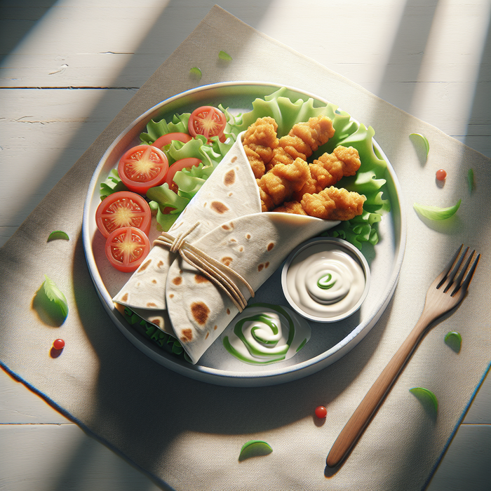 Halal chicken strips wrapped in a tortilla with fresh lettuce, tomato, and sauce