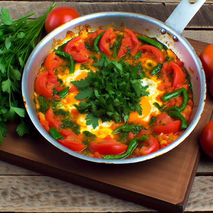 Traditional Turkish menemen with eggs, tomatoes, and peppers served in a metal pan
