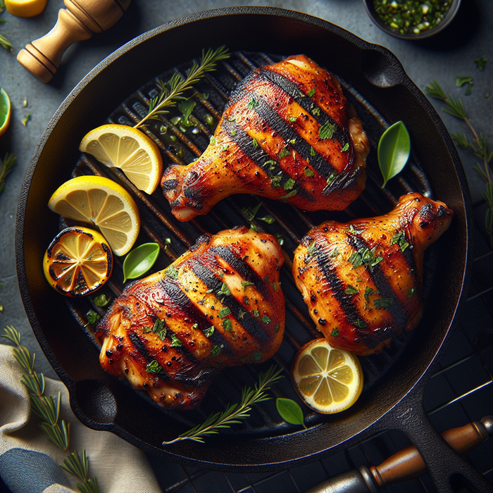 Grilled halal chicken thighs with lemon and herbs on a grill pan