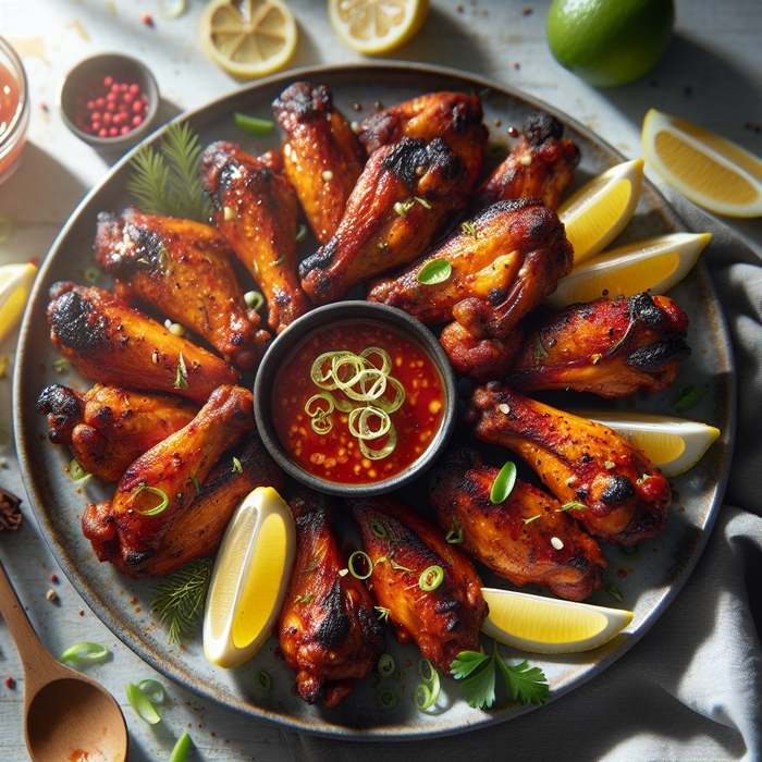 Grilled spicy halal chicken wings with crispy skin and lemon wedges on a wooden board