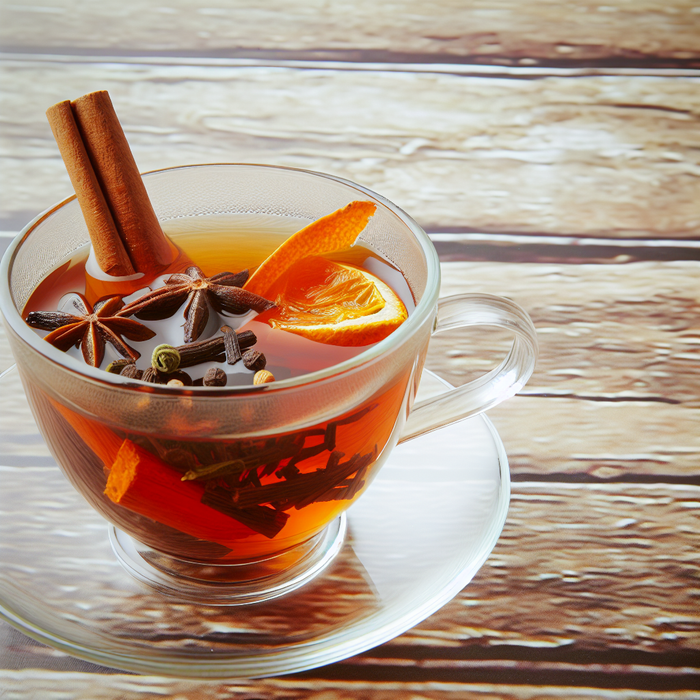 Glass of Turkish tea with cinnamon, cloves, and orange peel on a rustic wooden surface