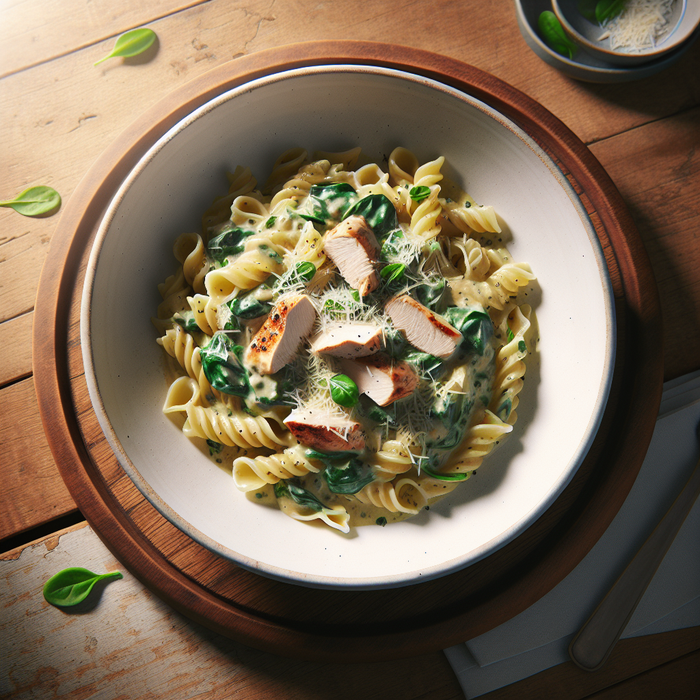 Creamy halal chicken breast and spinach pasta in a white bowl, garnished with parmesan