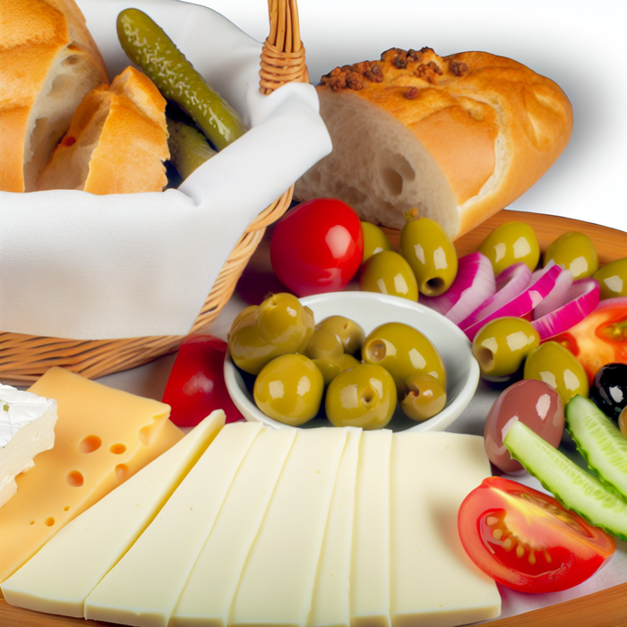 Traditional Turkish breakfast platter with cheese, olives, vegetables and bread