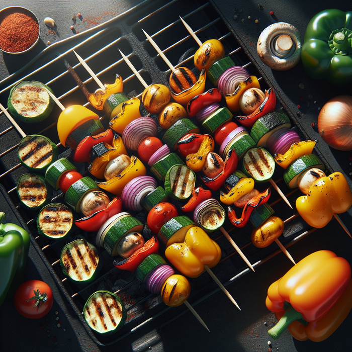 BBQ vegetable skewers with seasoning, grilled to slight char with vibrant colours and crisp edges