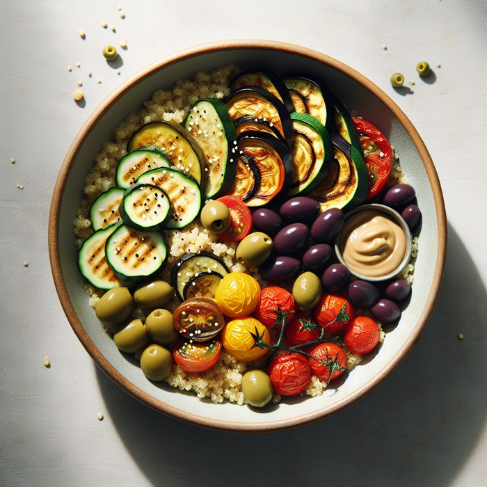 A colourful quinoa bowl topped with roasted Mediterranean vegetables and tahini sauce