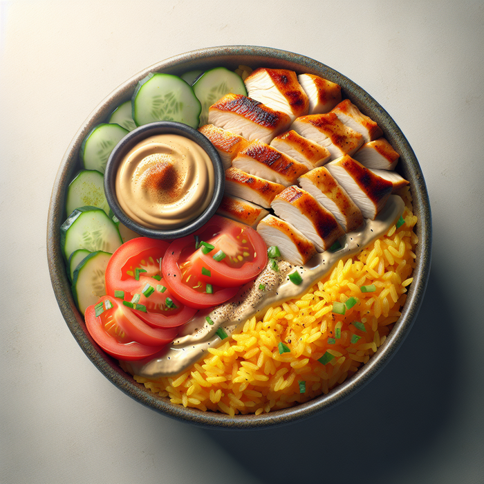 Chicken shawarma rice bowl with turmeric rice, hummus, cucumber, and tahini