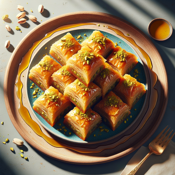 Sweet baklava with honey glaze and chopped pistachios on top