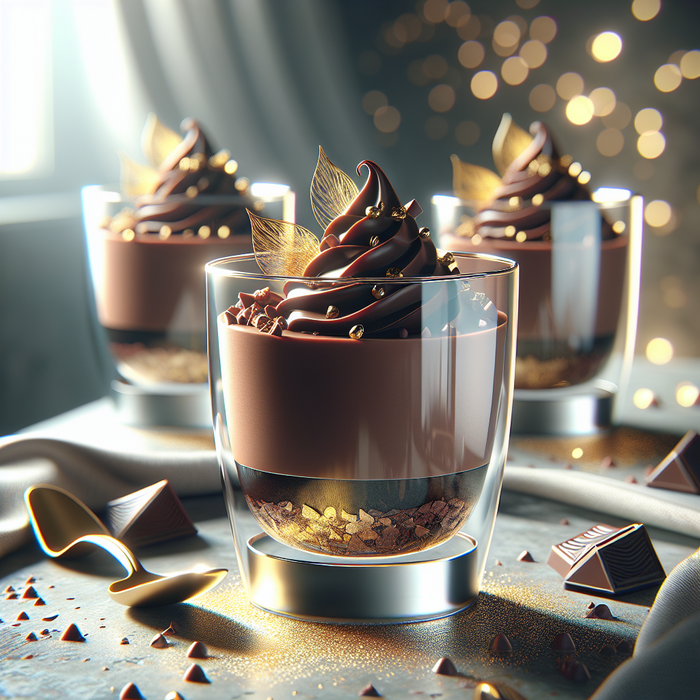 Glass dessert cups filled with chocolate mousse and gold leaf topping