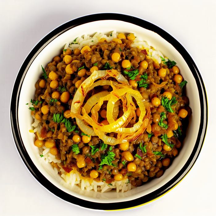 Bowl of mujaddara with lentils, rice, and caramelised onions