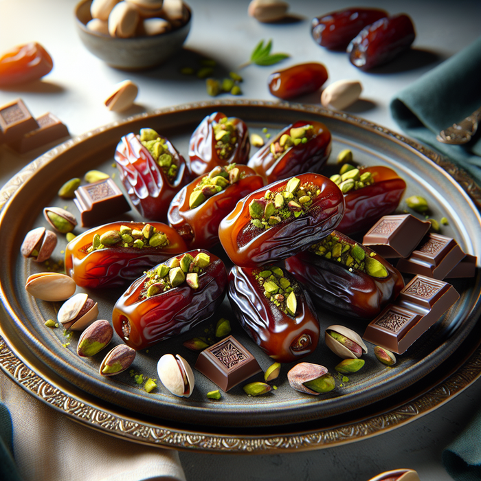 Medjool dates stuffed with chocolate and pistachio on a decorative dish