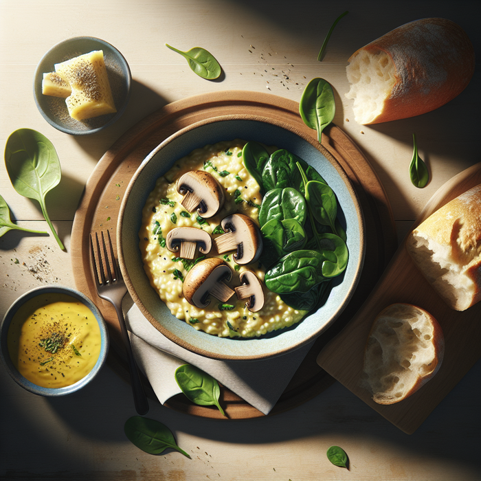 A creamy mushroom and spinach risotto served with crusty bread on the side