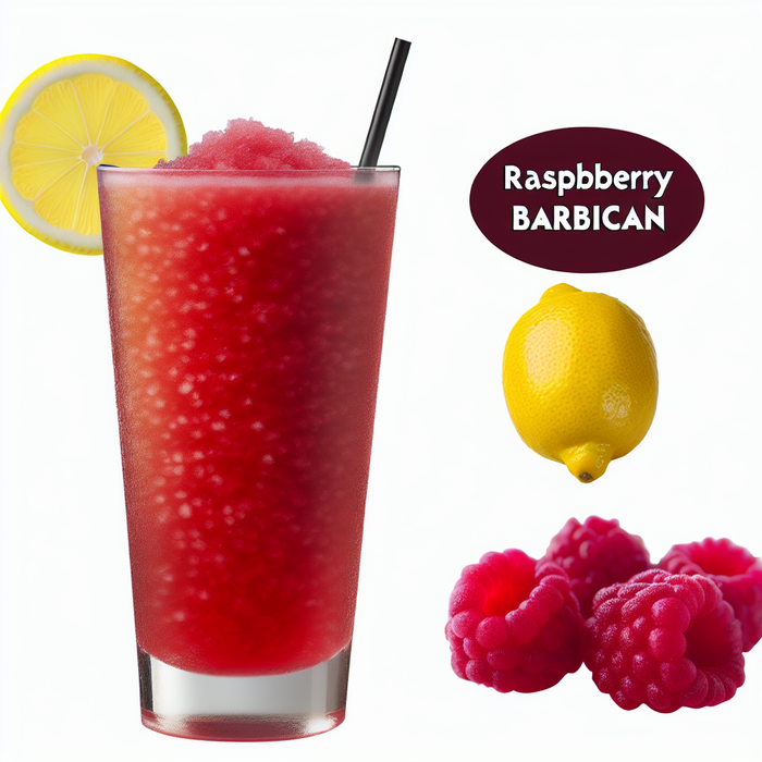 Frozen raspberry Barbican slush in a tall glass with lemon slice and straw
