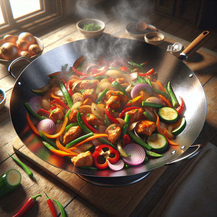 Spicy halal chicken breast stir-fried with vegetables in a wok, colourful and steaming hot