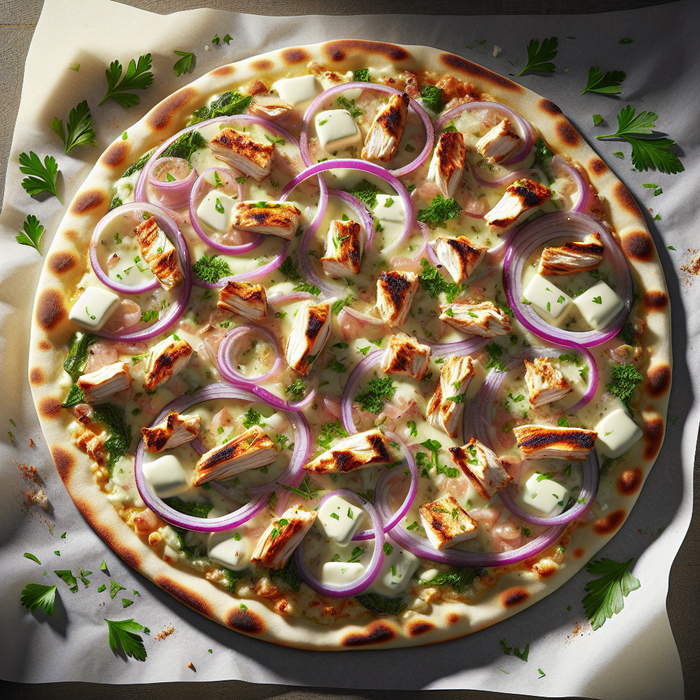 Flatbread pizza with chicken shawarma, red onions, cheese, and herbs