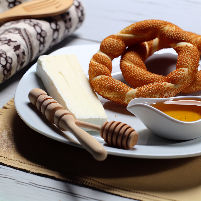 Simit bread with white cheese slices and honey on a breakfast table