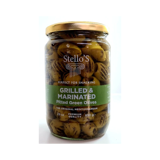 Stellos Grilled & Marinated Pitted Green Olives 650g